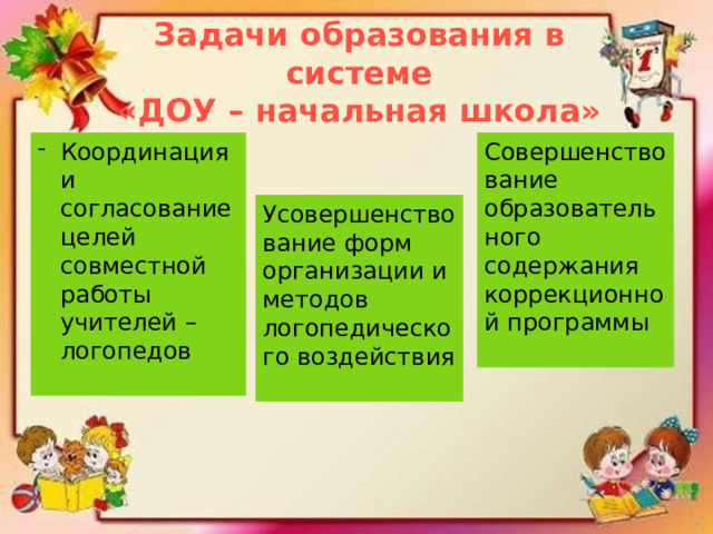 Задачи образования в системе «ДОУ – начальная школа» Координация и согласование целей совместной работы учителей – логопедов Совершенствование образовательного содержания коррекционной программы Усовершенствование форм организации и методов логопедического воздействия 