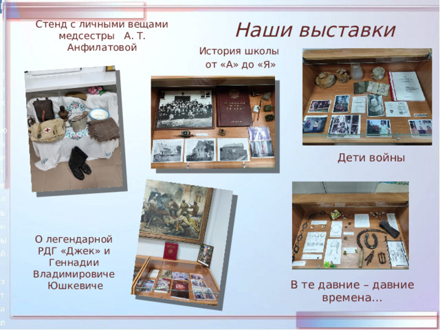 Наши выставки Стенд с личными вещами медсестры А. Т. Анфилатовой История школы от «А» до «Я» Дети войны О легендарной РДГ «Джек» и Геннадии Владимировиче Юшкевиче В те давние – давние времена… 