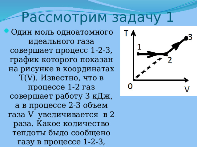 Рассмотрим задачу 1 Один моль одноатомного идеального газа совершает процесс 1-2-3, график которого показан на рисунке в координатах T(V). Известно, что в процессе 1-2 газ совершает работу 3 кДж, а в процессе 2-3 объем газа V увеличивается в 2 раза. Какое количество теплоты было сообщено газу в процессе 1-2-3, если его температура T в состоянии 3 равно 600 К?  