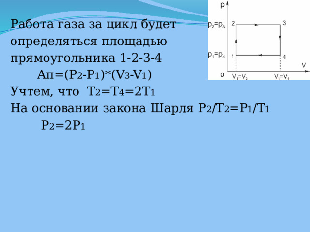 Работа газа за цикл будет определяться площадью прямоугольника 1-2-3-4  Ап=(P 2 -P 1 )*(V 3 -V 1 ) Учтем, что  T 2 =T 4 =2T 1 На основании закона Шарля P 2 /T 2 =P 1 /T 1  P 2 =2P 1 