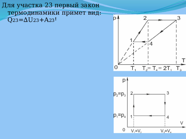 Для участка 23 первый закон термодинамики примет вид: Q 23 =∆U 23 +A 23 Ꞌ 