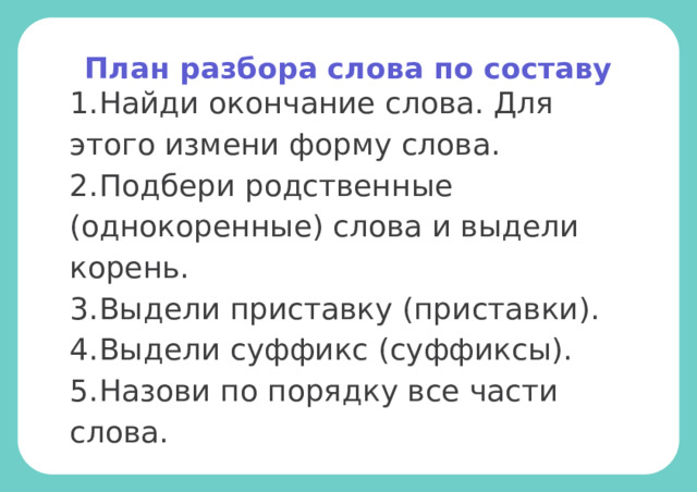 План разбора слова по составу 1.  Найди окончание слова. Для этого измени форму слова. 2.  Подбери родственные (однокоренные) слова и выдели корень. 3.  Выдели приставку (приставки). 4.  Выдели суффикс (суффиксы). 5.  Назови по порядку все части слова. 