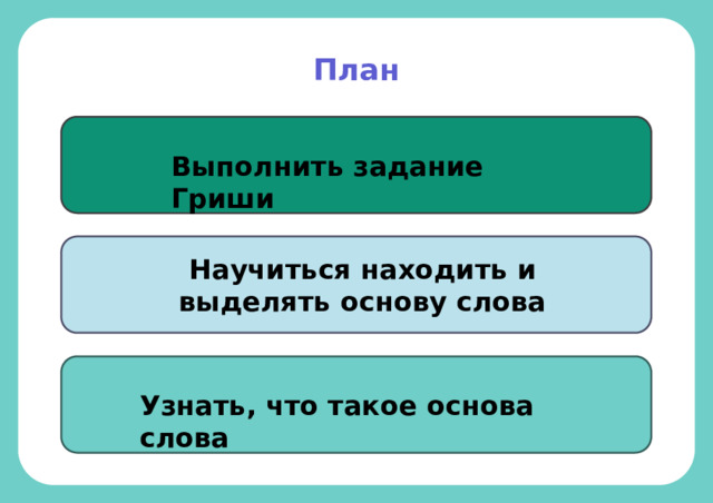 План Выполнить задание Гриши Научиться находить и выделять основу слова Узнать, что такое основа слова 