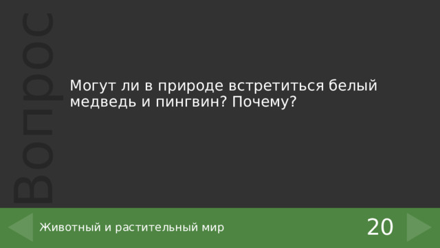Могут ли в природе встретиться белый медведь и пингвин? Почему? 20 Животный и растительный мир 
