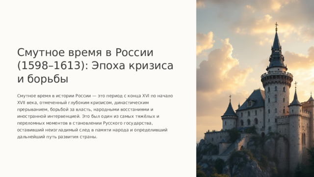  Смутное время в России (1598–1613): Эпоха кризиса и борьбы Смутное время в истории России — это период с конца XVI по начало XVII века, отмеченный глубоким кризисом, династическим прерыванием, борьбой за власть, народными восстаниями и иностранной интервенцией. Это был один из самых тяжёлых и переломных моментов в становлении Русского государства, оставивший неизгладимый след в памяти народа и определивший дальнейший путь развития страны. 
