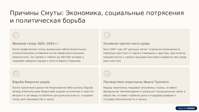  Причины Смуты: Экономика, социальные потрясения и политическая борьба Великий голод 1601–1603 гг. Усиление крепостного права Катастрофический голод, вызванный неблагоприятными климатическими условиями после извержения вулкана Уайнапутина. Он привёл к гибели до 500 000 человек и подорвал доверие народа к власти Бориса Годунова. Указ 1597 года об 
