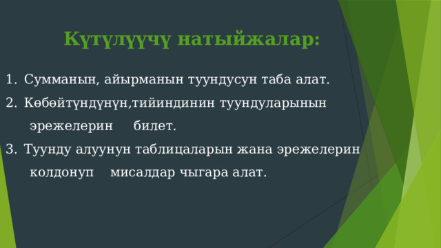 Күтүлүүчү натыйжалар: Сумманын, айырманын туундусун таба алат. Көбөйтүндүнүн,тийиндинин туундуларынын  эрежелерин билет. Туунду алуунун таблицаларын жана эрежелерин  колдонуп мисалдар чыгара алат. 