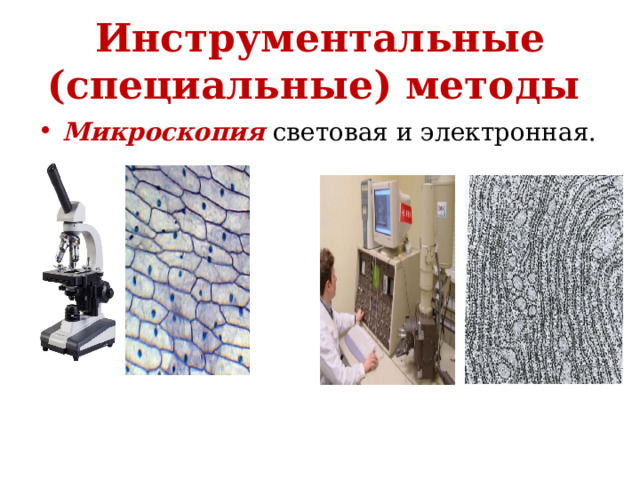 Инструментальные (специальные) методы   Микроскопия  световая и электронная.  