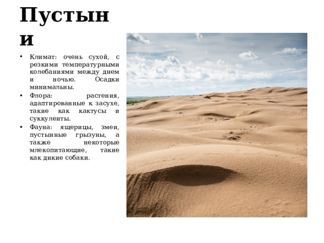 Пустыни Климат: очень сухой, с резкими температурными колебаниями между днем и ночью. Осадки минимальны. Флора: растения, адаптированные к засухе, такие как кактусы и суккуленты. Фауна: ящерицы, змеи, пустынные грызуны, а также некоторые млекопитающие, такие как дикие собаки. 