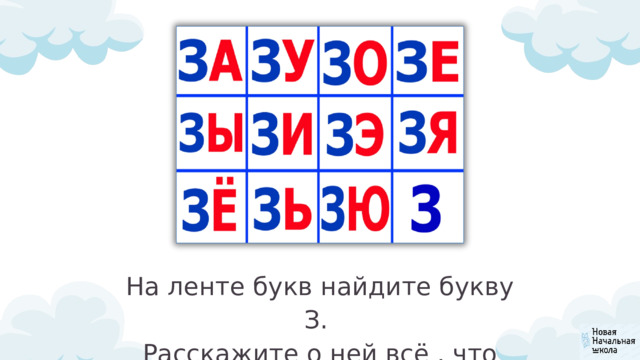 На ленте букв найдите букву З. Расскажите о ней всё , что знаете. 