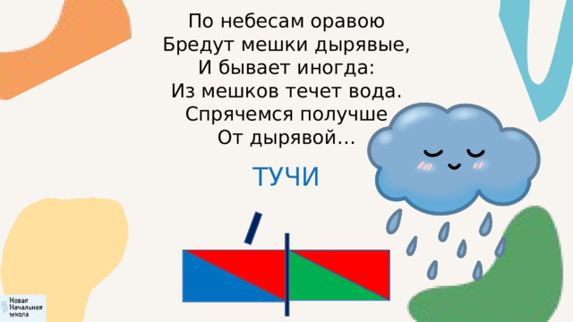  По небесам оравою  Бредут мешки дырявые,  И бывает иногда:  Из мешков течет вода.  Спрячемся получше  От дырявой… ТУЧИ 