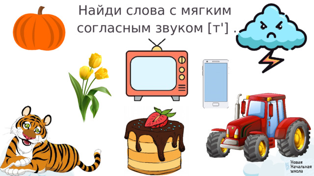 Найди слова с мягким согласным звуком [т'] . 