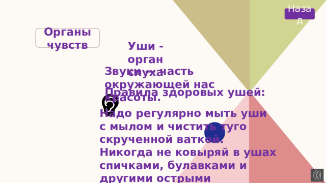 Назад Органы чувств Уши - орган слуха Звуки — часть окружающей нас красоты. Правила здоровых ушей: Надо регулярно мыть уши с мылом и чистить туго скрученной ваткой. Никогда не ковыряй в ушах спичками, булавками и другими острыми предметами. Чаще отдыхай в лесу, у реки — среди тишины. 