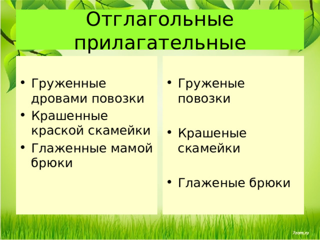 Отглагольные прилагательные Груженные дровами повозки Крашенные краской скамейки Глаженные мамой брюки Груженые повозки Крашеные скамейки Глаженые брюки 
