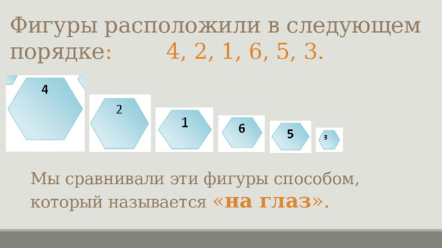 Фигуры расположили в следующем порядке : 4, 2, 1, 6, 5, 3. Мы сравнивали эти фигуры способом, который называется « на глаз ». 