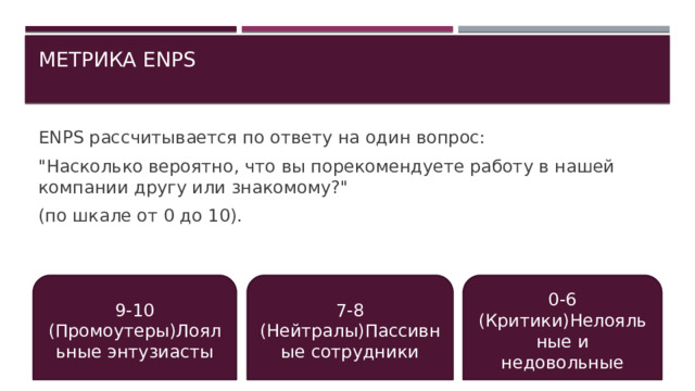 Метрика ЕNPS   ЕNPS рассчитывается по ответу на один вопрос: 