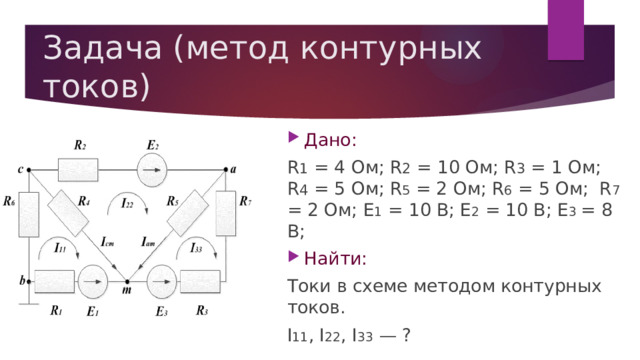 Задача (метод контурных токов) Дано: R 1 = 4 Ом; R 2 = 10 Ом; R 3 = 1 Ом; R 4 = 5 Ом; R 5 = 2 Ом; R 6 = 5 Ом; R 7 = 2 Ом; E 1 = 10 В; E 2 = 10 В; E 3 = 8 В; Найти: Токи в схеме методом контурных токов. I 11 , I 22 , I 33 — ? 