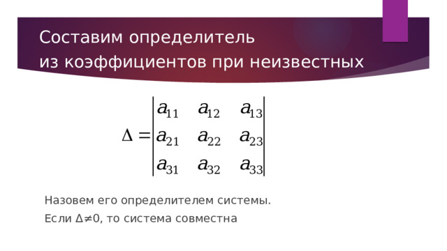 Составим определитель  из коэффициентов при неизвестных  Назовем его определителем системы.  Если Δ≠0, то система совместна 