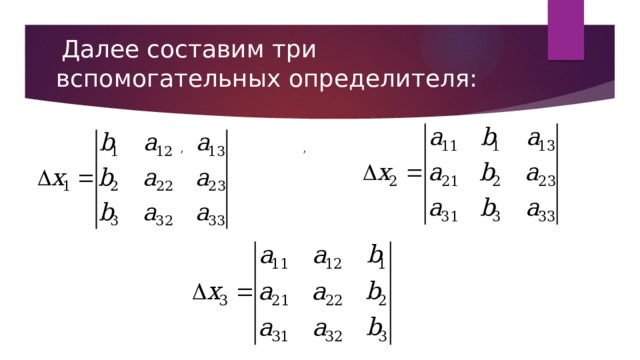  Далее составим три вспомогательных определителя:  , , 