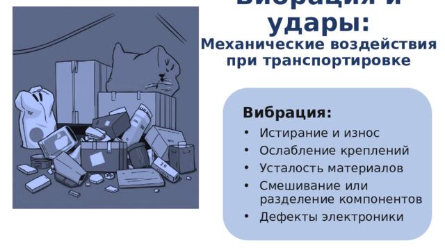 Вибрация и удары:  Механические воздействия при транспортировке Вибрация: Истирание и износ Ослабление креплений Усталость материалов Смешивание или разделение компонентов Дефекты электроники 