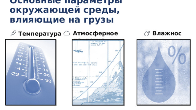 Основные параметры окружающей среды, влияющие на грузы Влажность Атмосферное давление Температура 