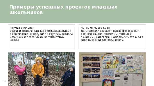  Примеры успешных проектов младших школьников  Птичья столовая История моего края Ученики собрали данные о птицах, живущих в нашем районе, обсудили в группах, создали кормушки и повесили их на территории школы Дети собрали старые и новые фотографии родного района, провели интервью с пожилыми жителями и оформили материал в виде выставки для всей школы. 20 