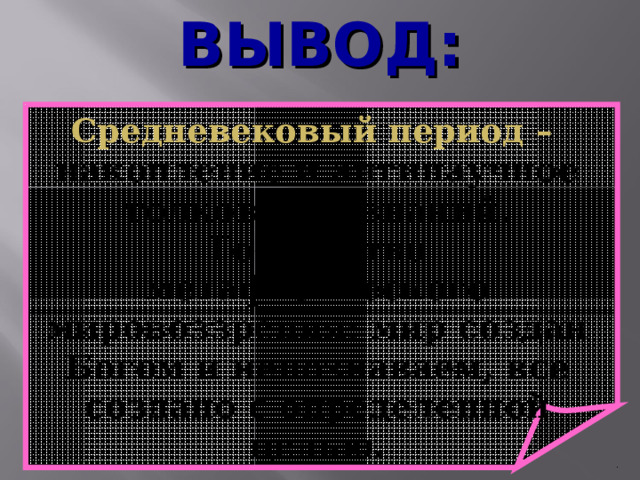 ВЫВОД: Средневековый период  –  накопление и антинаучное толкование знаний. Господство метафизического мировоззрения: мир создан Богом и непознаваем, все создано с определенной целью. 