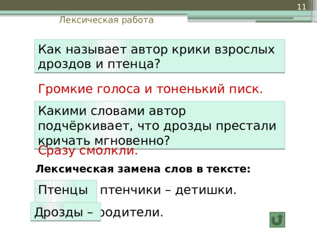  Лексическая работа Как называет автор крики взрослых дроздов и птенца? Громкие голоса и тоненький писк. Какими словами автор подчёркивает, что дрозды престали кричать мгновенно? Сразу смолкли. Лексическая замена слов в тексте: Птенцы – птенчики – детишки. родители. Дрозды – 