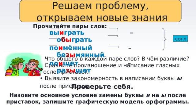 Решаем проблему,  открываем новые знания Прочитайте пары слов: вы и грать – о б ы грать выиграть – обыграть поимённый – безымянный по и мённый – бе з ы мянный по и щет – ра з ы щет поищет – разыщет согл. • Что общего в каждой паре слов? В чём различие?  • Сравните произношение и написание гласных после приставок.  • Выявите закономерность в написании буквы ы после приставок . Проверьте себя. Назовите основное условие замены буквы и на ы после приставок, запишите графическую модель орфограммы. 