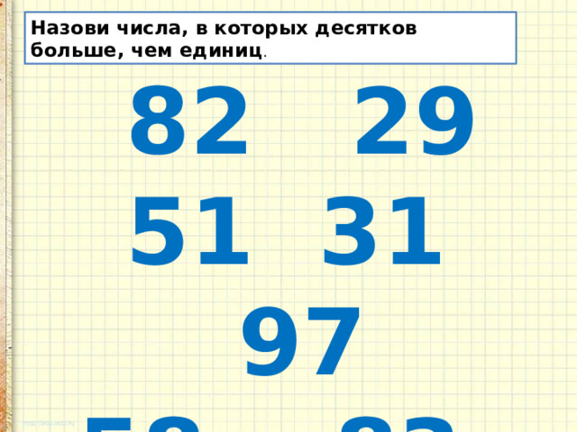 Назови числа, в которых десятков больше, чем единиц .  82 29 51 31 97 58 83 62 