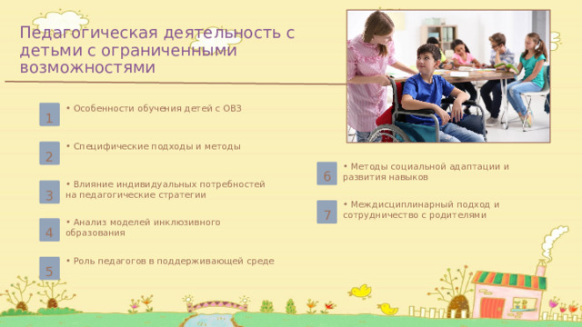 Педагогическая деятельность с детьми с ограниченными возможностями • Особенности обучения детей с ОВЗ 1 • Специфические подходы и методы 2 • Методы социальной адаптации и развития навыков 6 • Влияние индивидуальных потребностей на педагогические стратегии 3 • Междисциплинарный подход и сотрудничество с родителями 7 • Анализ моделей инклюзивного образования 4 • Роль педагогов в поддерживающей среде 5 