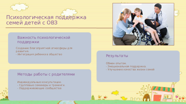 Психологическая поддержка семей детей с ОВЗ Важность психологической поддержки Создание благоприятной атмосферы для развития. - Интеграция ребенка в общество Результаты Обмен опытом. - Эмоциональная поддержка. - Улучшение качества жизни семей Методы работы с родителями Индивидуальные консультации. - Групповые семинары и тренинги. - Поддерживающие сообщества 