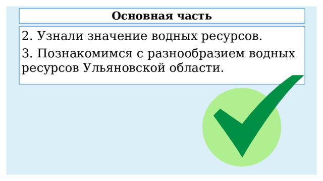 Основная часть 2. Узнали значение водных ресурсов. 3. Познакомимся с разнообразием водных ресурсов Ульяновской области. 