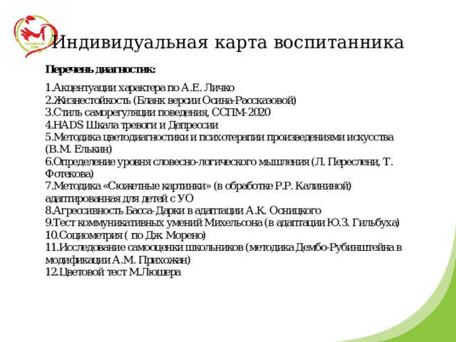Индивидуальная карта воспитанника 