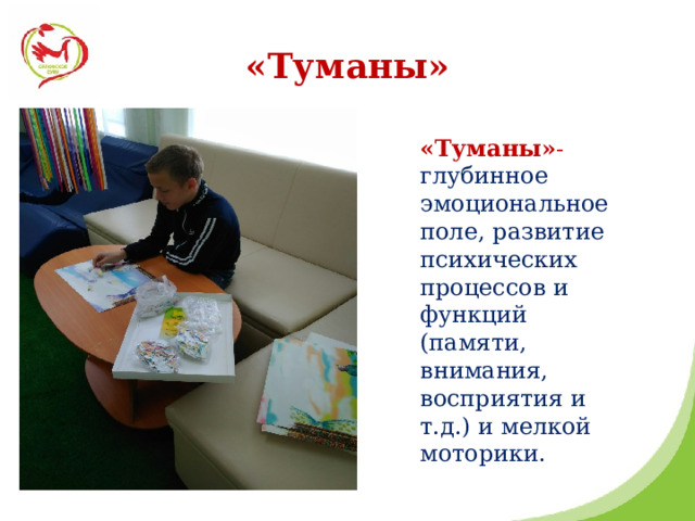 «Туманы» «Туманы» - глубинное эмоциональное поле, развитие психических процессов и функций (памяти, внимания, восприятия и т.д.) и мелкой моторики.   