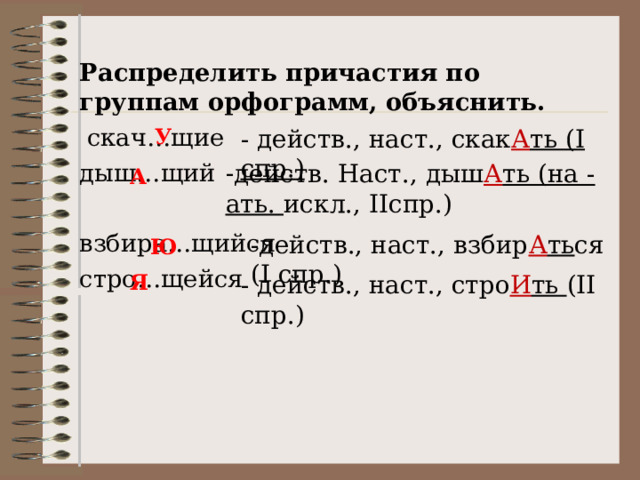 Распределить причастия по группам орфограмм, объяснить.  скач…щие дыш…щий взбира…щийся стро…щейся - действ., наст., скак А ть ( I спр.) У действ. Наст., дыш А ть (на -ать. искл., II спр.) А -действ., наст., взбир А ть ся ( I спр.) Ю - действ., наст., стро И ть ( II спр.) Я 
