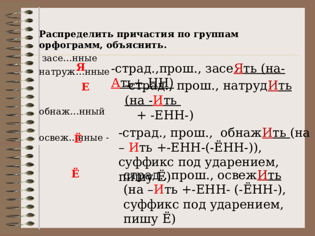 Распределить причастия по группам орфограмм, объяснить.  засе…нные натруж…нные  обнаж…нный освеж…нные - -страд.,прош., засе Я ть (на- А ть+ НН) Я страд., прош., натруд И ть (на - И ть   + -ЕНН-) Е -страд., прош., обнаж И ть (на – И ть +-ЕНН-(-ЁНН-)), суффикс под ударением, пишу Ё) Ё Ё страд., прош., освеж И ть (на – И ть +-ЕНН- (-ЁНН-), суффикс под ударением, пишу Ё) 