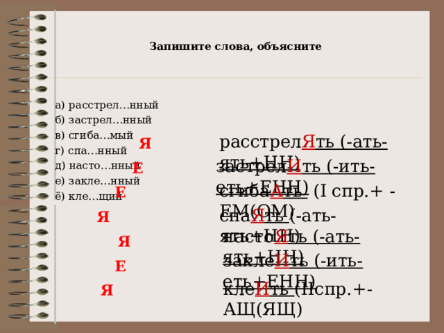 Запишите слова, объясните    а) расстрел…нный б) застрел…нный в) сгиба…мый г) спа…нный д) насто…нный е) закле…нный ё) кле…щий расстрел Я ть (-ать-ять+НН) Я застрел И ть (-ить-еть+ЕНН) Е сгиба А ть ( I спр.+ -ЕМ(ОМ) Е спа Я ть (-ать-ять+НН) Я насто Я ть (-ать-ять+НН) Я закле И ть (-ить-еть+ЕНН) Е кле И ть ( II спр.+-АЩ(ЯЩ) Я 