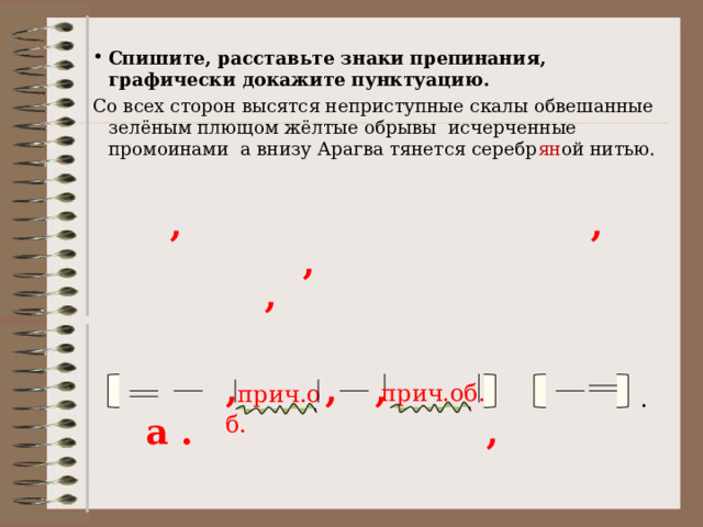 Спишите, расставьте знаки препинания, графически докажите пунктуацию. Со всех сторон высятся неприступные скалы обвешанные зелёным плющом жёлтые обрывы исчерченные промоинами а внизу Арагва тянется серебр ян ой нитью. , , , ,  , , , , прич.об.  а . прич.об. . 
