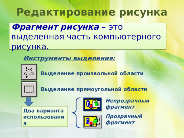 Редактирование рисунка Фрагмент рисунка – это выделенная часть компьютерного рисунка. Инструменты выделения: Выделение произвольной области Выделение прямоугольной области Непрозрачный фрагмент Два варианта использования Прозрачный фрагмент 