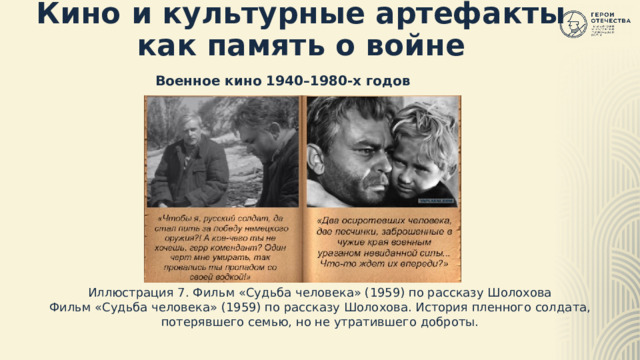 Кино и культурные артефакты как память о войне   Военное кино 1940–1980-х годов СЛАЙД С ОДНИМ ТЕКСТОВЫМ БЛОКОМ Иллюстрация 7. Фильм «Судьба человека» (1959) по рассказу Шолохова Фильм «Судьба человека» (1959) по рассказу Шолохова. История пленного солдата, потерявшего семью, но не утратившего доброты. 14 