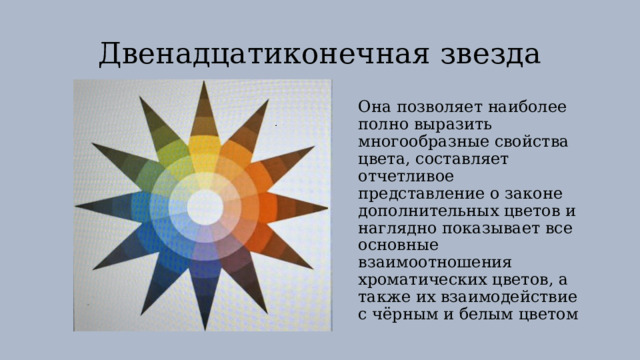 Двенадцатиконечная звезда Она позволяет наиболее полно выразить многообразные свойства цвета, составляет отчетливое представление о законе дополнительных цветов и наглядно показывает все основные взаимоотношения хроматических цветов, а также их взаимодействие с чёрным и белым цветом 