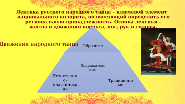 Подражательные Лексика русского народного танца – ключевой элемент национального колорита, позволяющий определить его региональную принадлежность. Основа лексики – жесты и движения корпуса, ног, рук и головы. Образные Движения народного танца Естественно-пластические Традиционные 