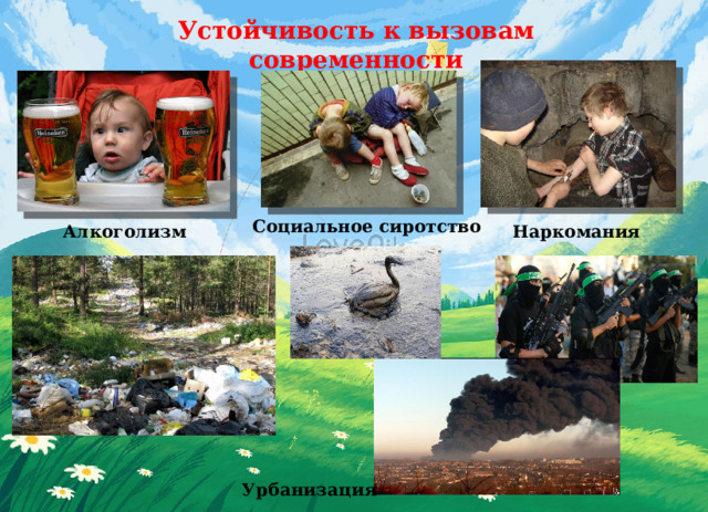 Устойчивость к вызовам современности Социальное сиротство Наркомания Алкоголизм Урбанизация  