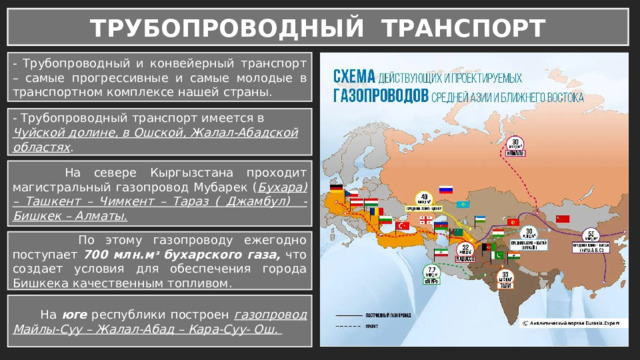 ТРУБОПРОВОДНЫЙ ТРАНСПОРТ - Трубопроводный и конвейерный транспорт – самые прогрессивные и самые молодые в транспортном комплексе нашей страны. - Трубопроводный транспорт имеется в Чуйской долине, в Ошской, Жалал-Абадской областях .  На севере Кыргызстана проходит магистральный газопровод Мубарек ( Бухара) – Ташкент – Чимкент – Тараз ( Джамбул) - Бишкек – Алматы.  По этому газопроводу ежегодно поступает 700 млн.мᶟ  бухарского газа, что создает условия для обеспечения города Бишкека качественным топливом.  На юге республики построен газопровод Майлы-Суу – Жалал-Абад – Кара-Суу- Ош. 