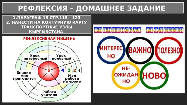 РЕФЛЕКСИЯ – ДОМАШНЕЕ ЗАДАНИЕ 1.ПАРАГРАФ 15 СТР.115 – 123 2. НАНЕСТИ НА КОНТУРНУЮ КАРТУ ТРАНСПОРТНЫЕ УЗЛЫ КЫРГЫЗСТАНА 