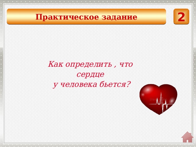Практическое задание 2  Как определить , что сердце  у человека бьется?  