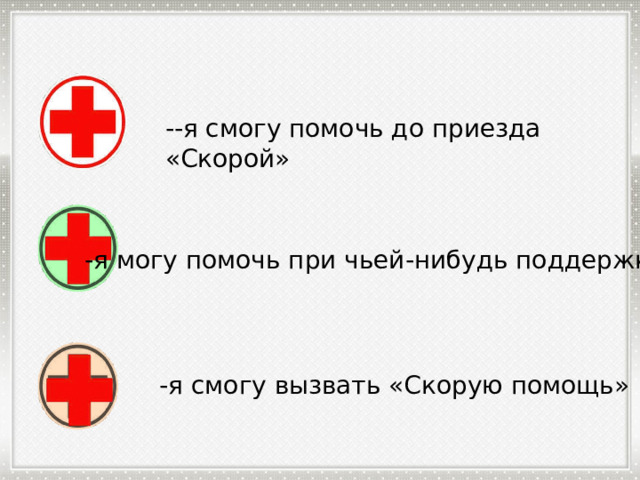 --я смогу помочь до приезда «Скорой» -я могу помочь при чьей-нибудь поддержке -я смогу вызвать «Скорую помощь» 
