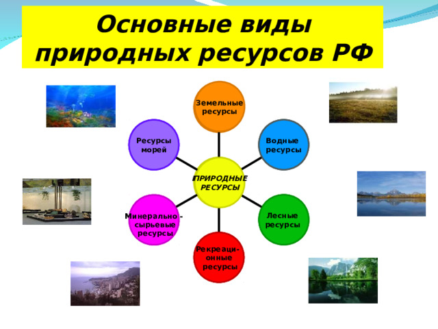 Основные виды природных ресурсов РФ Земельные ресурсы Земельные ресурсы Водные ресурсы Водные ресурсы Ресурсы  морей  Ресурсы  морей  ПРИРОДНЫЕ РЕСУРСЫ ПРИРОДНЫЕ РЕСУРСЫ Лесные ресурсы  Лесные ресурсы  Минерально -  сырьевые  ресурсы Минерально -  сырьевые  ресурсы Рекреаци- онные  ресурсы Рекреаци- онные  ресурсы 5 