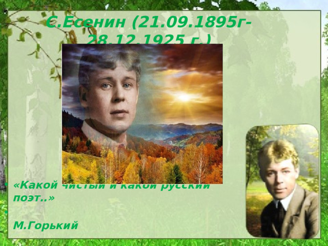 С.Есенин (21.09.1895г-28.12.1925 г.)  «Какой чистый и какой русский поэт..»  М.Горький 